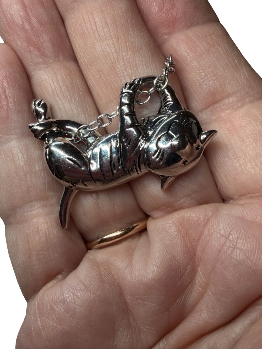 Whimsical Silver Color Cat Necklace – Playful Sculpted Kitty Pendant - Picture 4 of 7